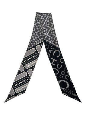 Coach Signature Logo Silk Skinny Scarf Bag Scarf Black and Gray